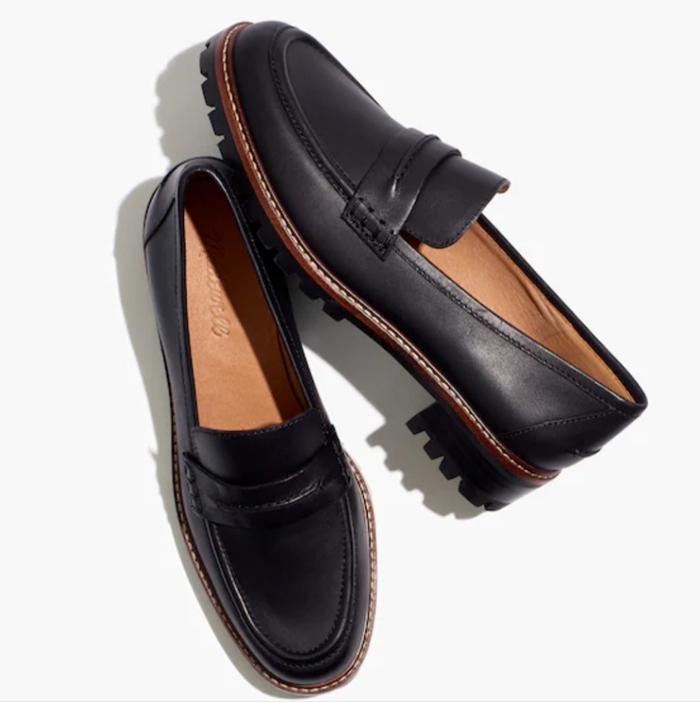 Madewell Black Leather Lug-Sole Penny Loafers with Contrast Welt